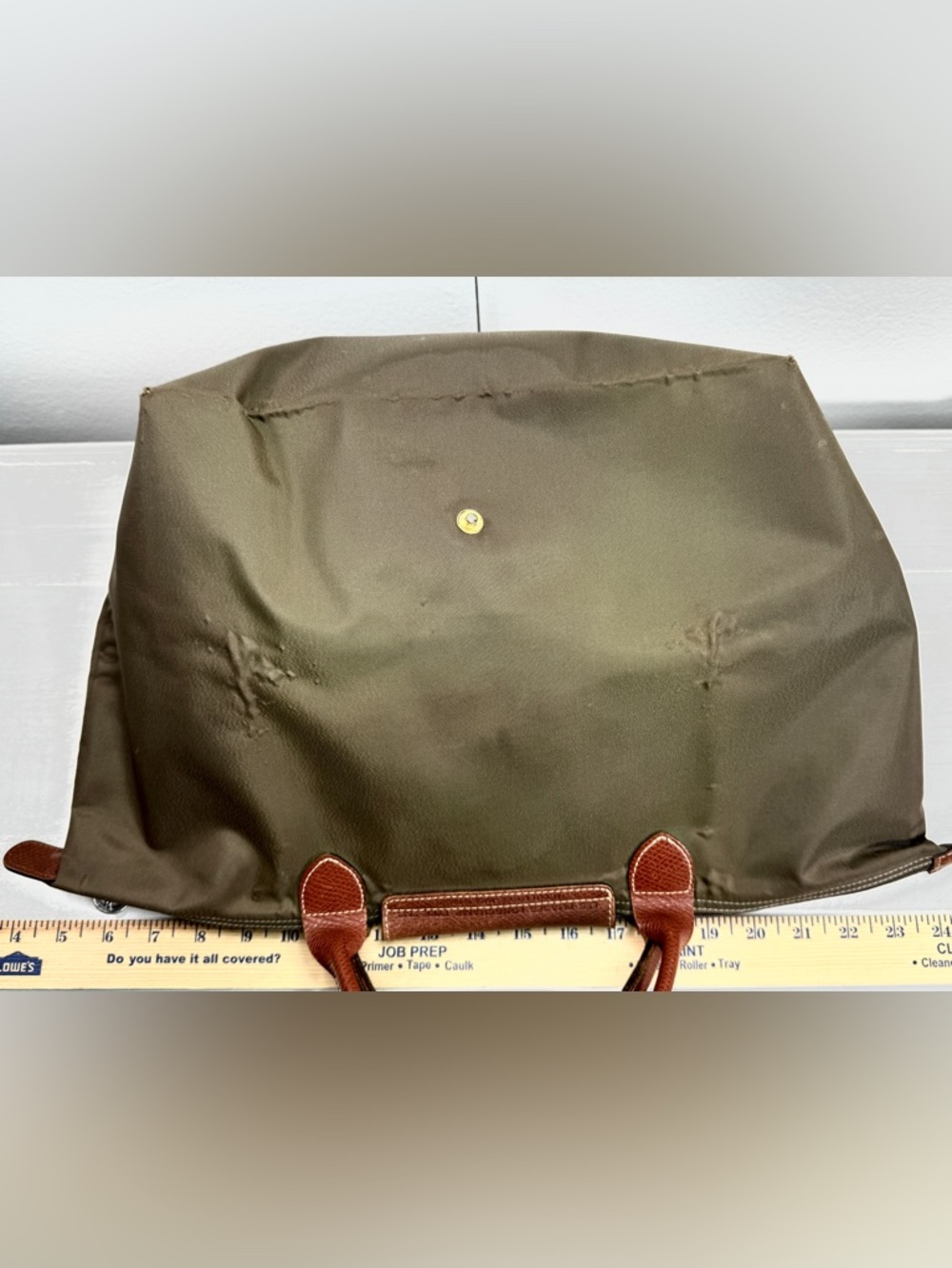 Longchamp Le Pliage Large Tote Olive Green Nylon Brown Leather Authentic - Picture 13 of 15
